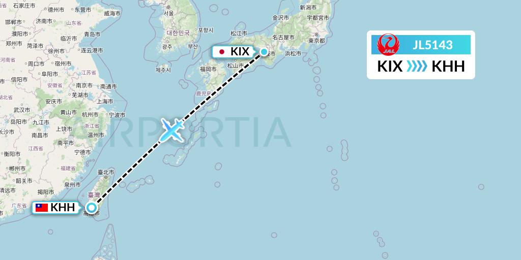 JL5143 Japan Airlines Flight Map: Osaka to Kaohsiung