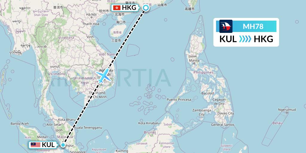 MH78 Malaysia Airlines Flight Map: Kuala Lumpur to Hong Kong