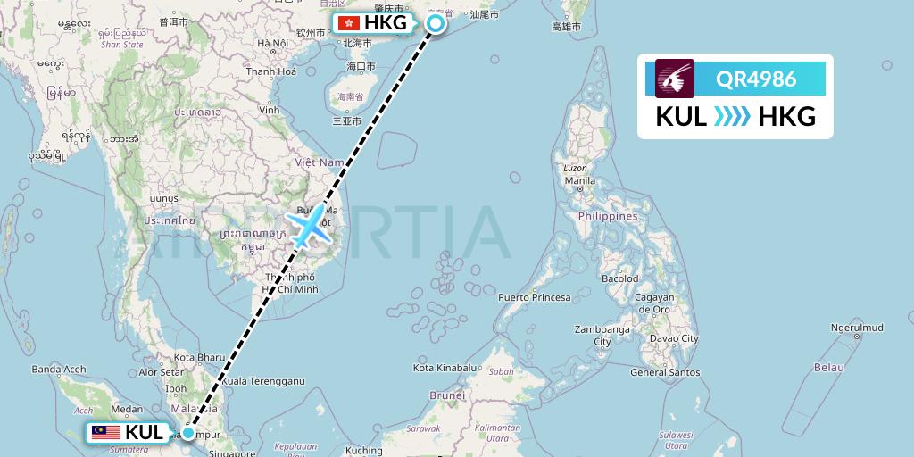 QR4986 Qatar Airways Flight Map: Kuala Lumpur to Hong Kong