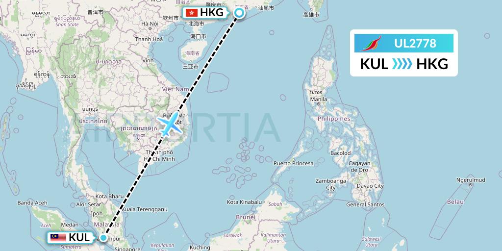 UL2778 SriLankan Airlines Flight Map: Kuala Lumpur to Hong Kong