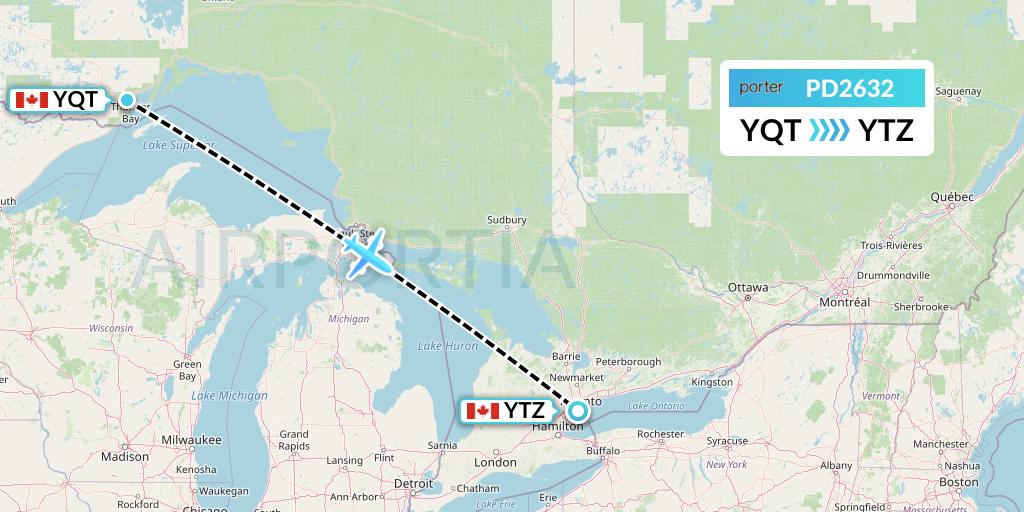 PD2632 Porter Airlines Flight Map: Thunder Bay to Toronto