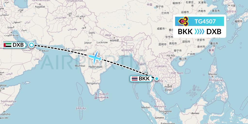 TG4507 Thai Airways Flight Map: Bangkok to Dubai