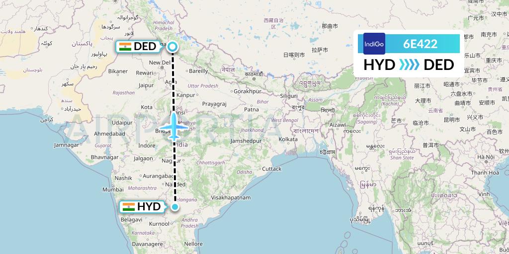 6E422 IndiGo Airlines Flight Map: Hyderabad to Dehradun