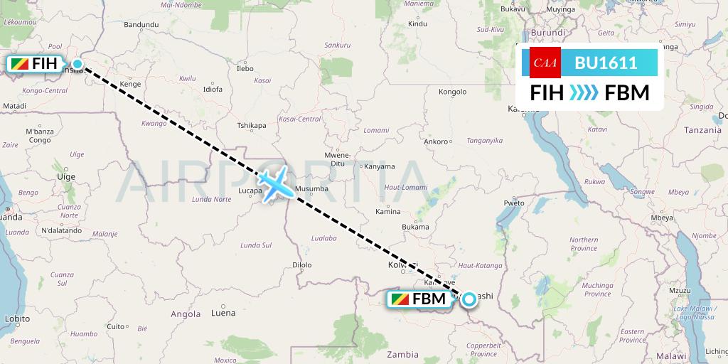 BU1611 flyCAA Flight Map: Kinshasa to Lubumbashi