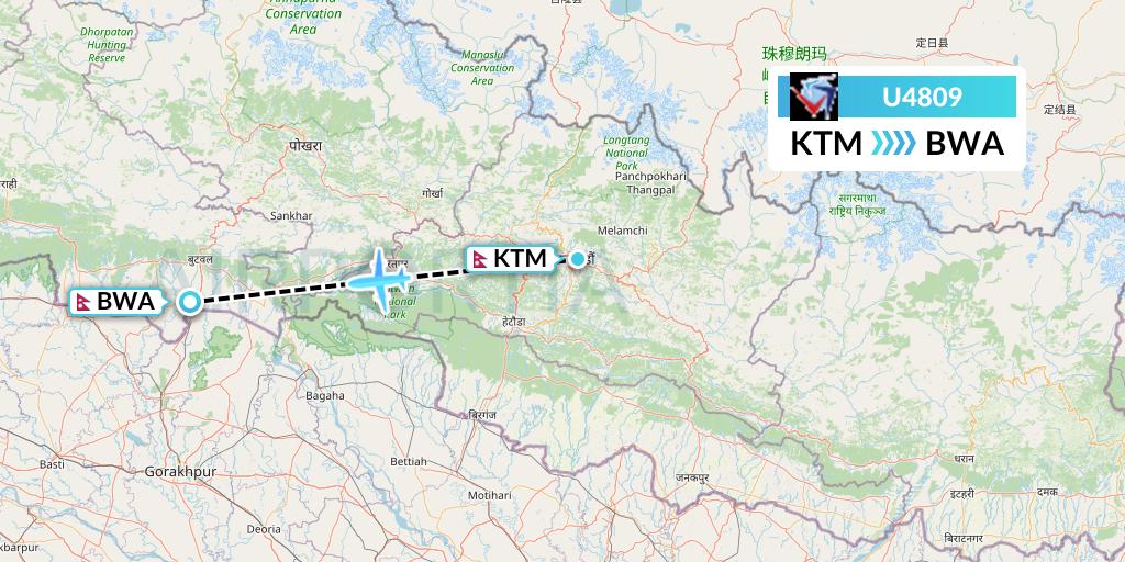 U4809 Buddha Air Flight Map: Kathmandu to Bhairawa