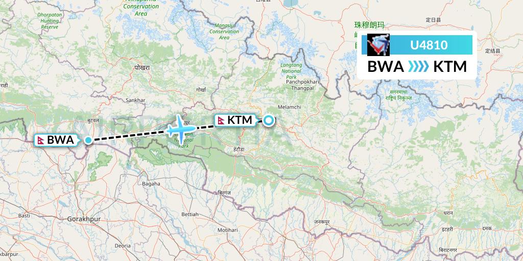 U4810 Buddha Air Flight Map: Bhairawa to Kathmandu