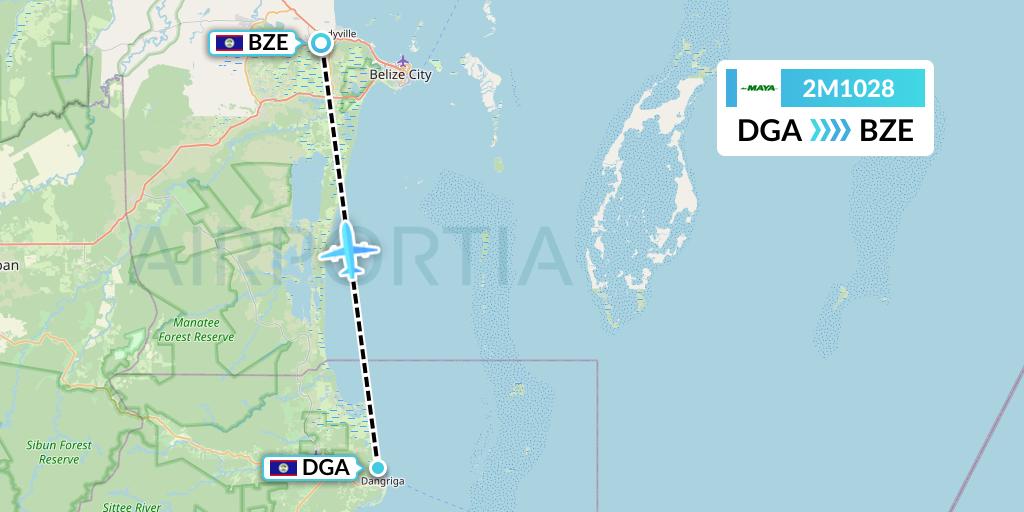 2M1028 Maya Island Air Flight Map: Dangriga to Belize City
