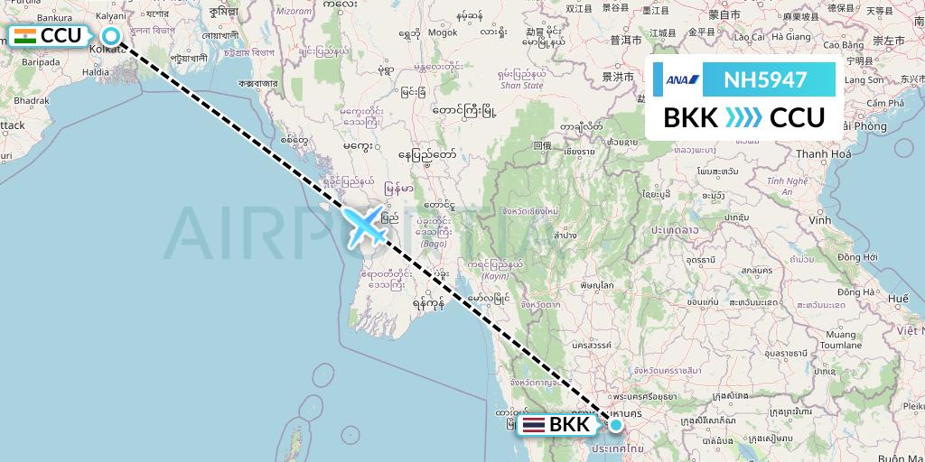 NH5947 All Nippon Airways Flight Map: Bangkok to Kolkata