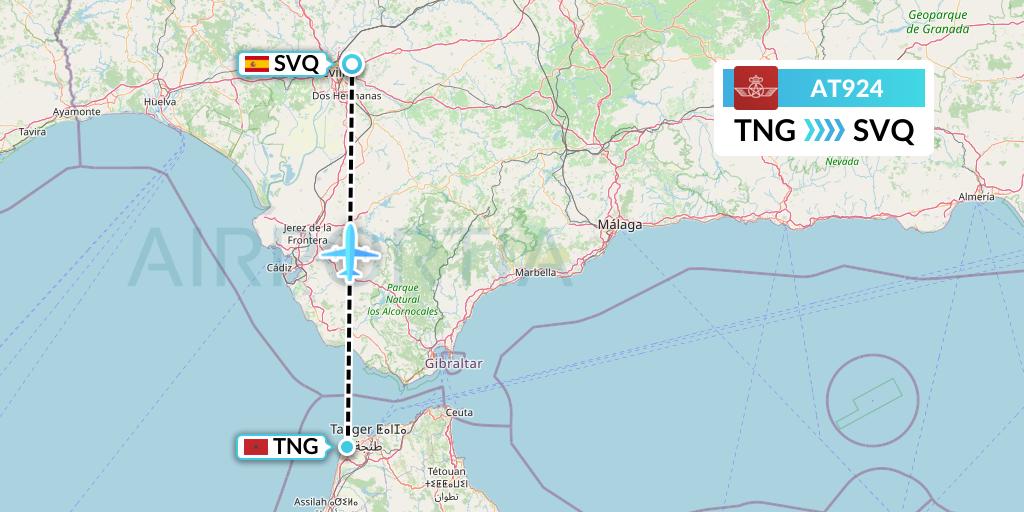 AT924 Royal Air Maroc Flight Map: Tangier to Seville