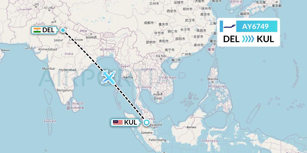 AY6749 Finnair Flight Map: Delhi to Kuala Lumpur