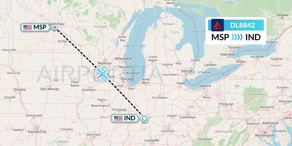 DL8842 Delta Air Lines Flight Map: Minneapolis to Indianapolis