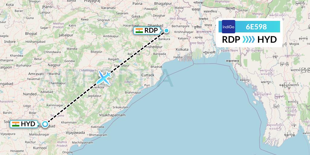 6E598 IndiGo Airlines Flight Map: Andal to Hyderabad