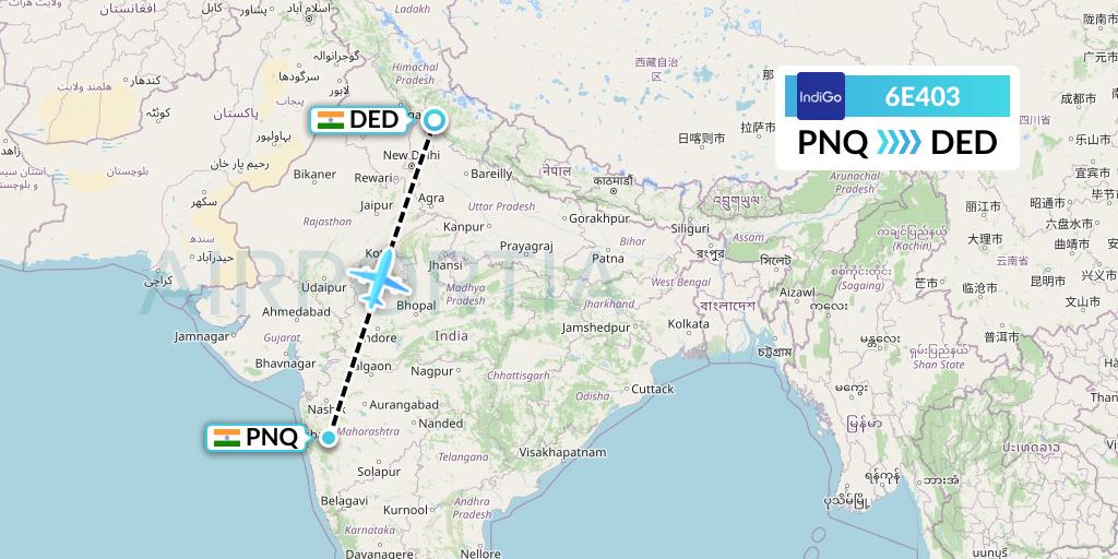 6E403 IndiGo Airlines Flight Map: Pune to Dehradun