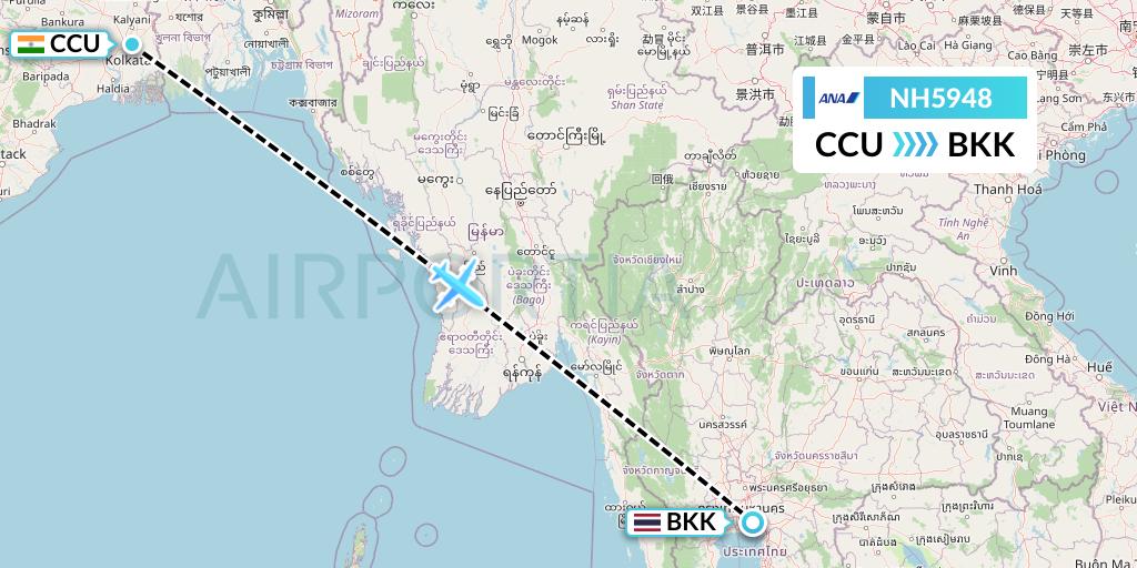 NH5948 All Nippon Airways Flight Map: Kolkata to Bangkok