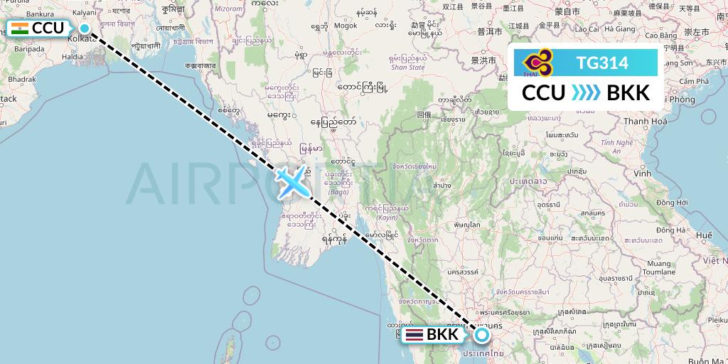 TG314 Thai Airways Flight Map: Kolkata to Bangkok