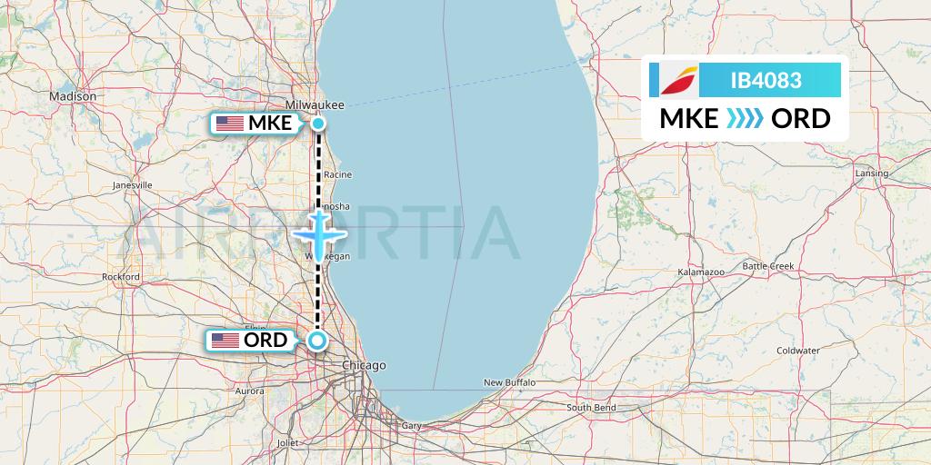 IB4083 Iberia Flight Map: Milwaukee to Chicago