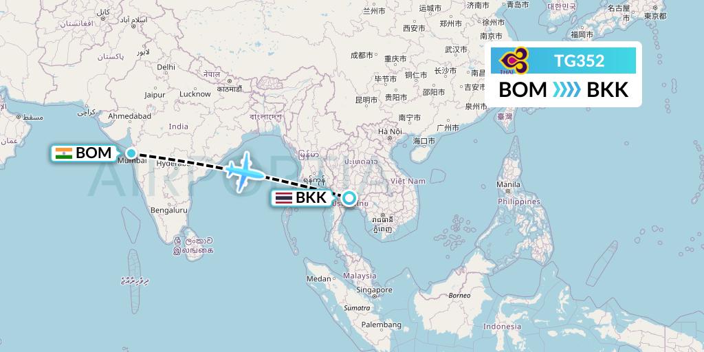 TG352 Thai Airways Flight Map: Mumbai to Bangkok