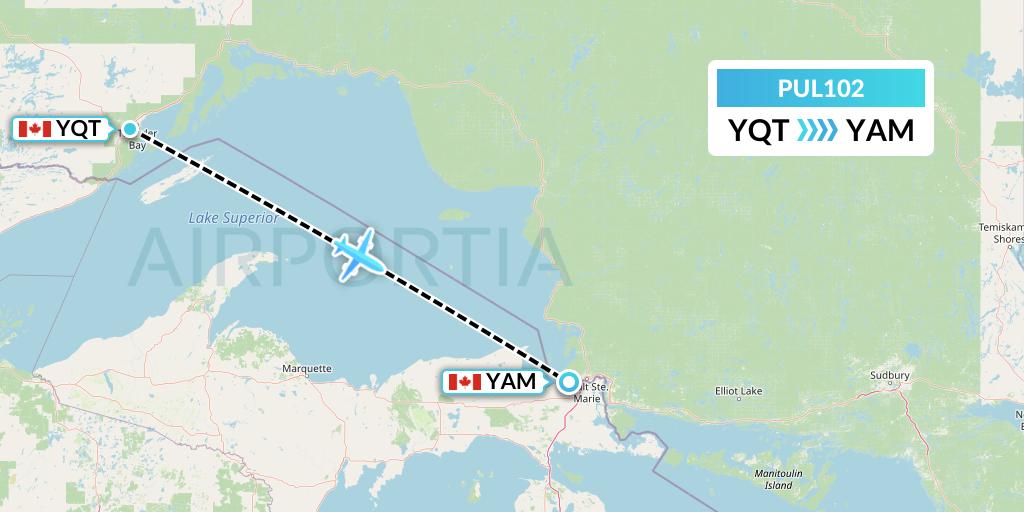 PUL102 Ornge Air Flight Map: Thunder Bay to Sault Ste. Marie