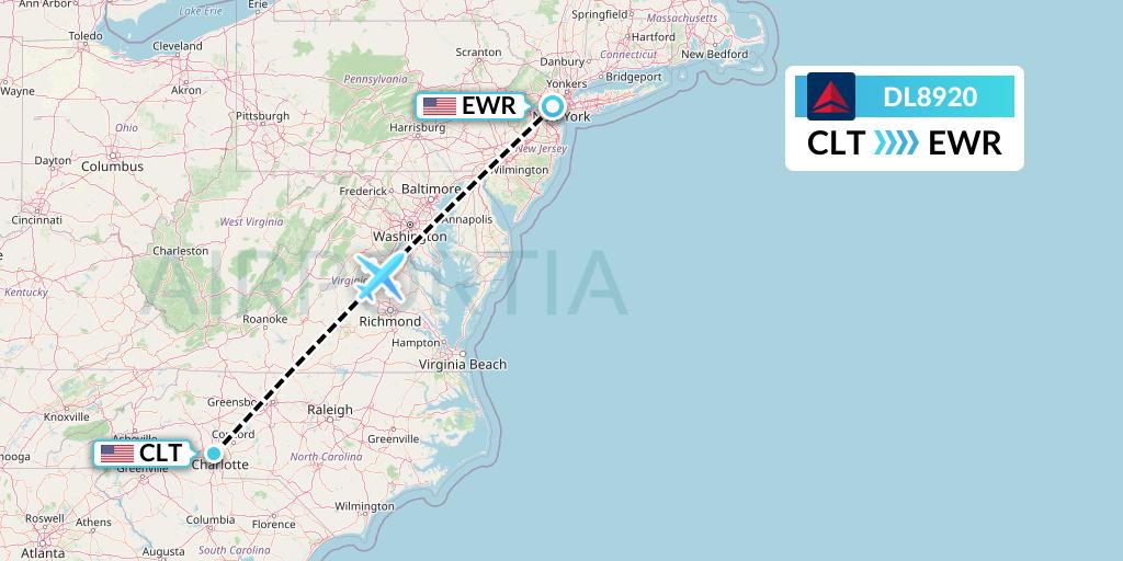 DL8920 Delta Air Lines Flight Map: Charlotte to New York