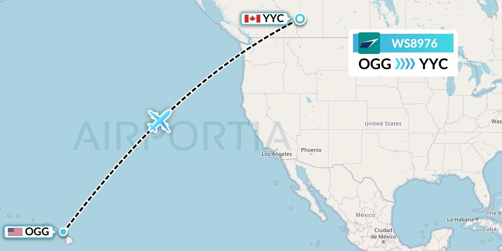 WS8976 WestJet Flight Map: Kahului to Calgary