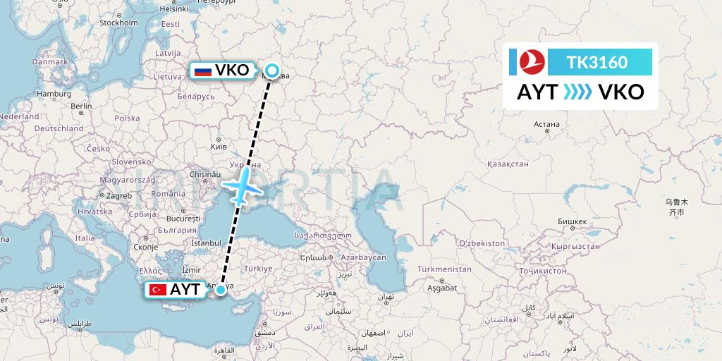 TK3160 Turkish Airlines Flight Map: Antalya to Moscow