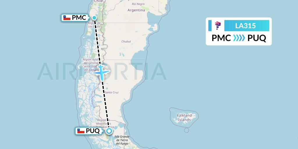 LA315 LAN Airlines Flight Map: Puerto Montt to Punta Arenas