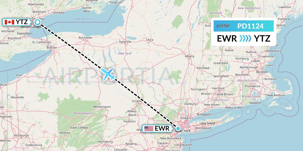 PD1124 Porter Airlines Flight Map: New York to Toronto