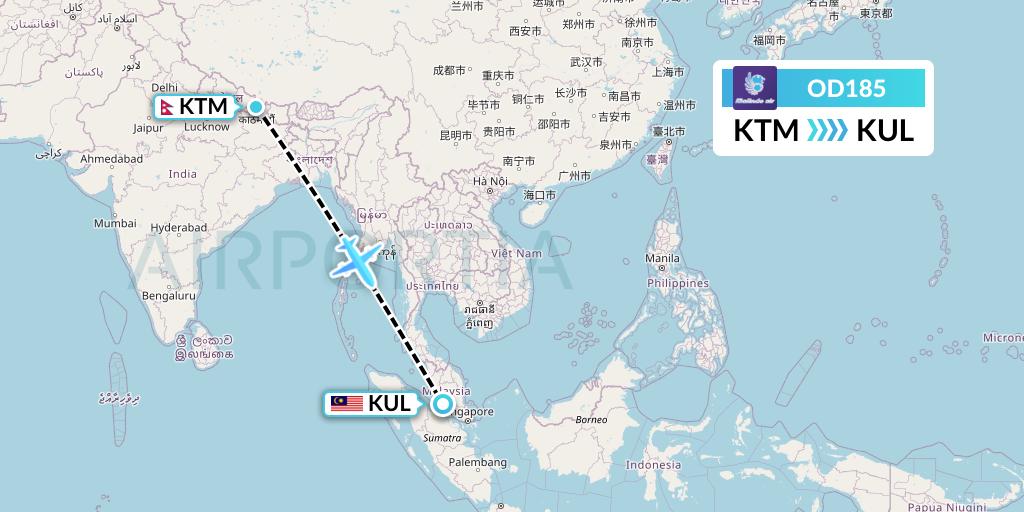 OD185 Batik Air Malaysia Flight Map: Kathmandu to Kuala Lumpur