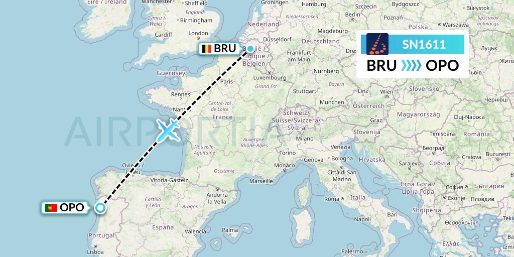 SN1611 Brussels Airlines Flight Map: Brussels to Porto