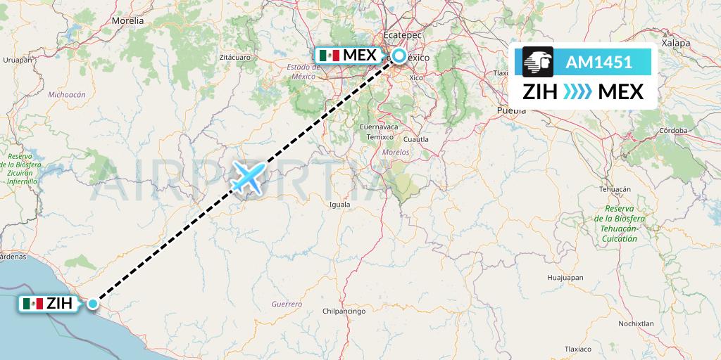 AM1451 Aeromexico Flight Map: Zihuatanejo to Mexico City