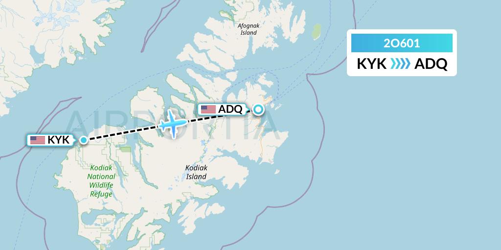 2O601 Island Air Service Flight Map: Karluk to Kodiak