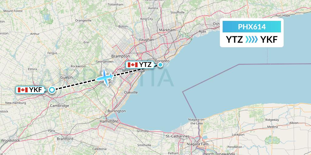 PHX614 SkyCare Flight Map: Toronto to Waterloo