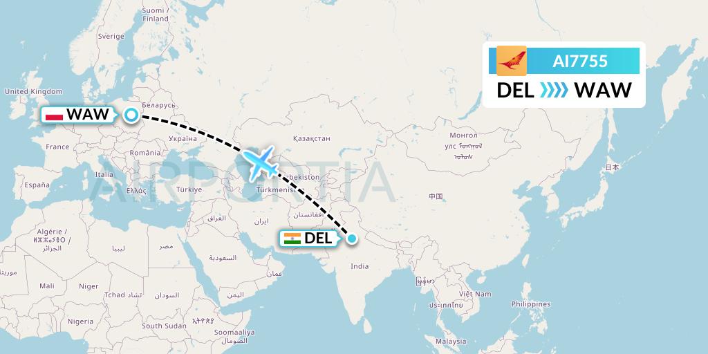 AI7755 Air India Flight Map: Delhi to Warsaw