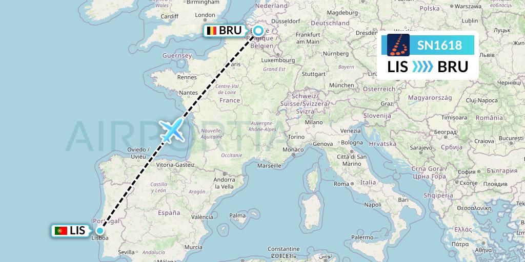 SN1618 Brussels Airlines Flight Map: Lisbon to Brussels