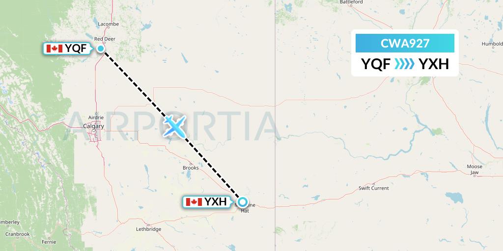 CWA927 Can West Corporate Air Charters Ltd. Flight Map: Red Deer to Medicine Hat