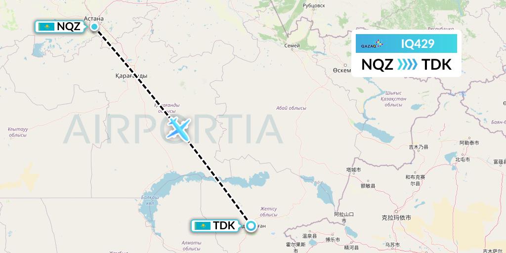 IQ429 Qazaq Air Flight Map: Astana to Taldy Kurgan