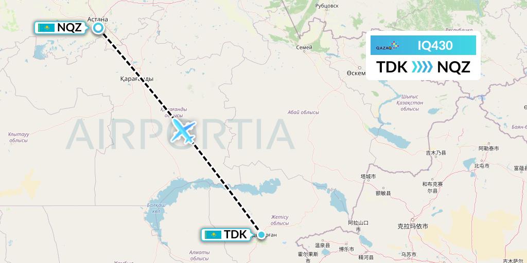 IQ430 Qazaq Air Flight Map: Taldy Kurgan to Astana