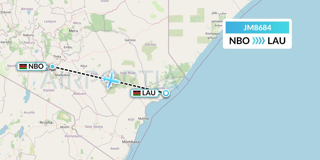 JM8684 Jambojet Limited Flight Map: Nairobi to Lamu