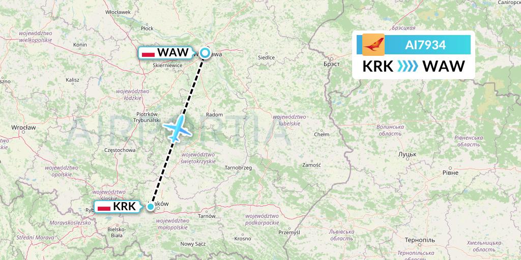 AI7934 Air India Flight Map: Krakow to Warsaw