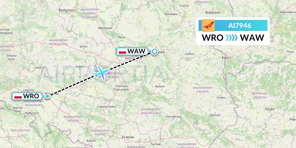 AI7946 Air India Flight Map: Wroclaw to Warsaw