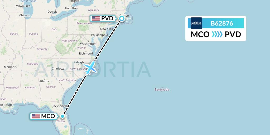 B62876 JetBlue Airways Flight Map: Orlando to Providence
