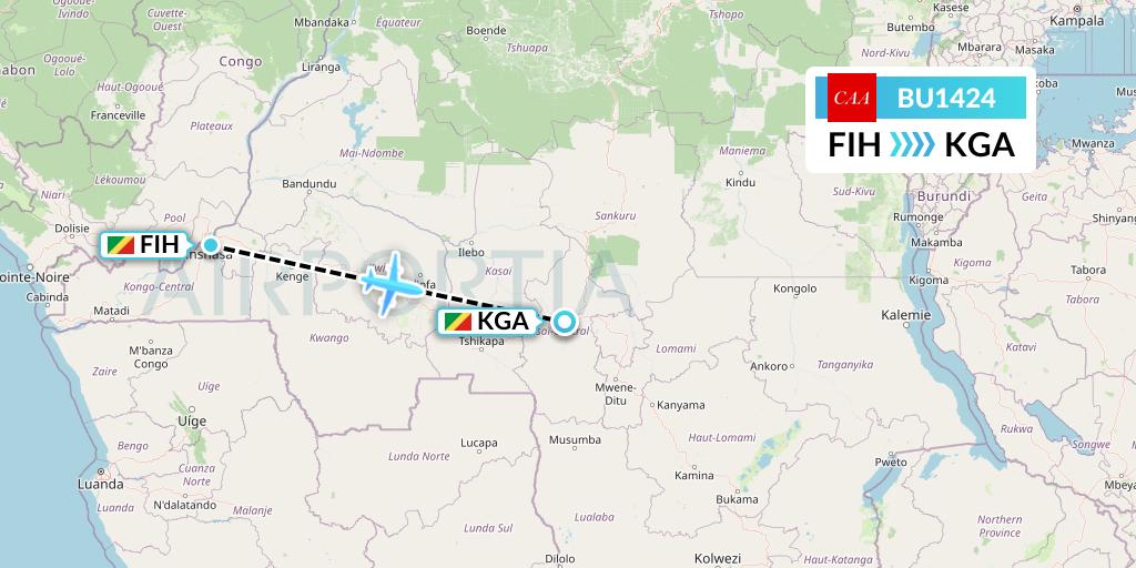 BU1424 flyCAA Flight Map: Kinshasa to Kananga
