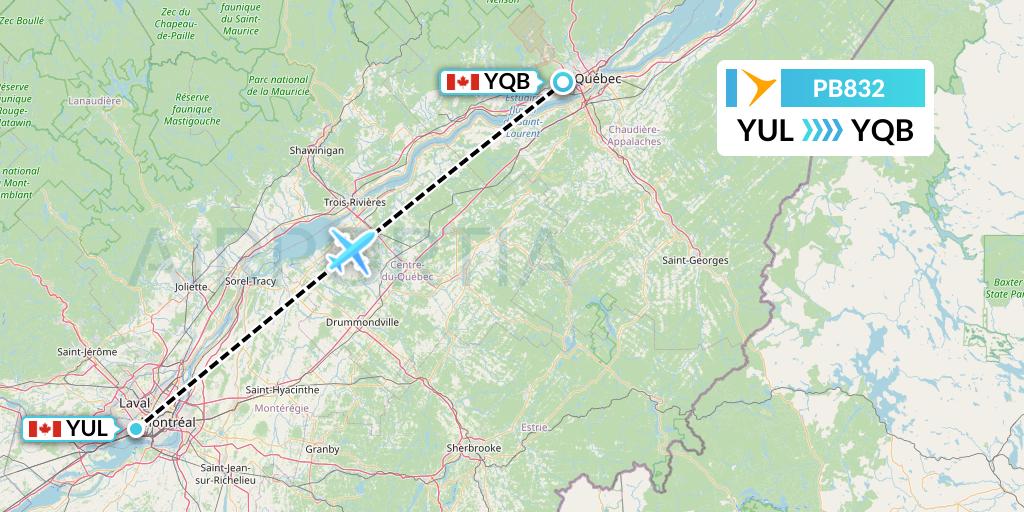 PB832 PAL Airlines Flight Map: Montreal to Quebec