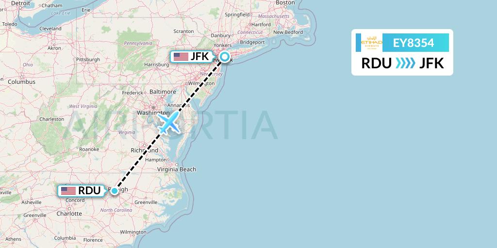 EY8354 Etihad Airways Flight Map: Raleigh-Durham to New York