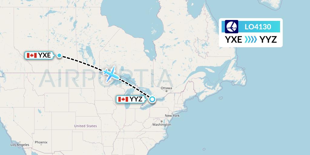 LO4130 LOT Flight Map: Saskatoon to Toronto
