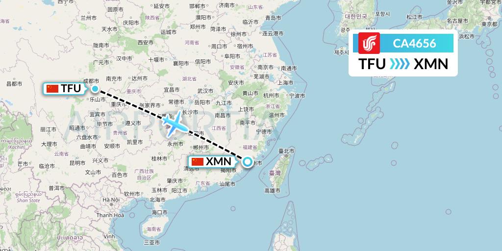 CA4656 Air China Flight Map: Chengdu to Xiamen