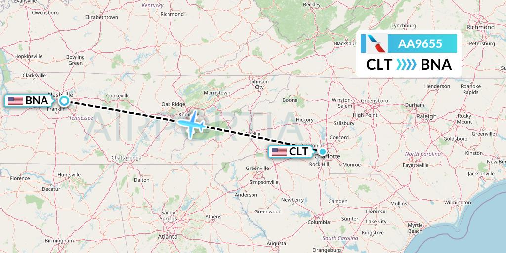 AA9655 American Airlines Flight Map: Charlotte to Nashville