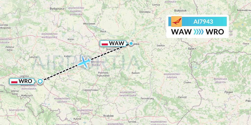 AI7943 Air India Flight Map: Warsaw to Wroclaw