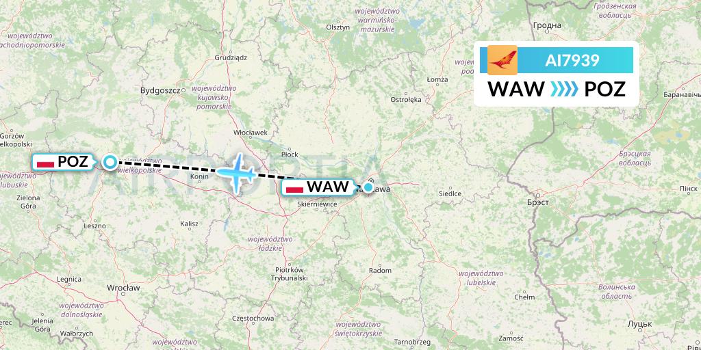 AI7939 Air India Flight Map: Warsaw to Poznan