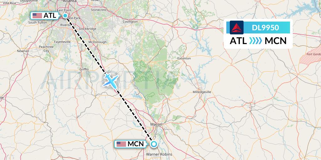 DL9950 Delta Air Lines Flight Map: Atlanta to Macon